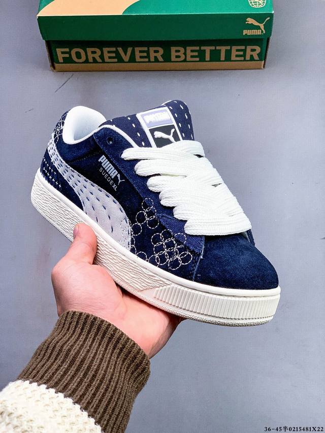 彪马Puma Suede Xl 全新休闲板鞋！鞋身通体采用细腻的麂皮材质，厚实柔软，质感出众；鞋侧保留Puma标志性跑道图案，侧面与后跟点缀金属色Puma Lo