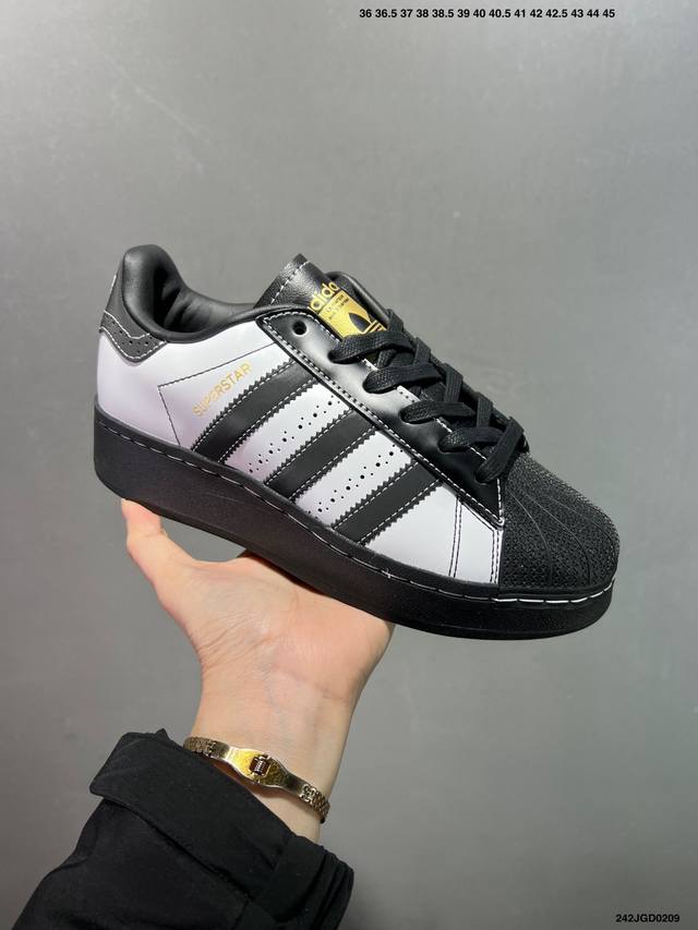 阿迪达斯Adidas Superstar Xlg 贝壳头厚底增高百搭休闲运动板鞋 原楦原纸版数据开发 采用头层皮革材质打造 翻毛黑白金标厚底 正确鞋垫 正确底模