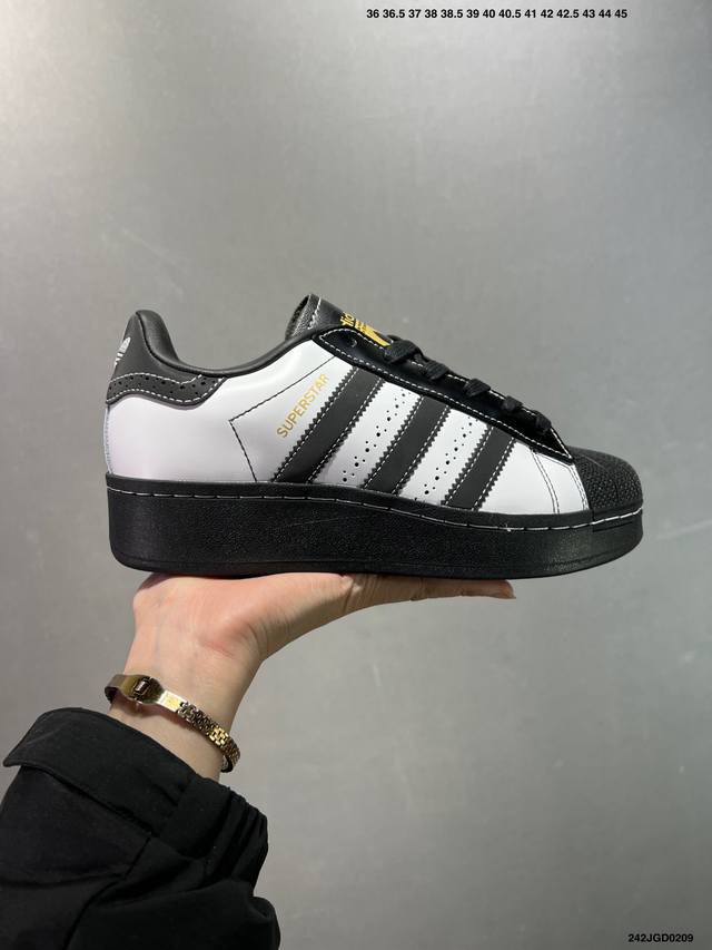 阿迪达斯Adidas Superstar Xlg 贝壳头厚底增高百搭休闲运动板鞋 原楦原纸版数据开发 采用头层皮革材质打造 翻毛黑白金标厚底 正确鞋垫 正确底模