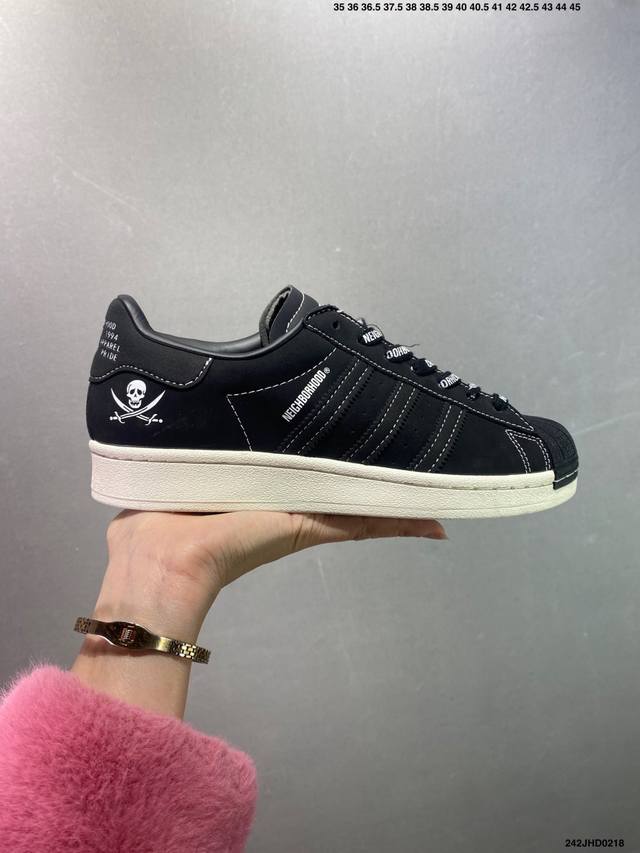 Neighborhood X Adidas Originals Superstar 舒适百搭 防滑耐磨 低帮 板鞋 男女同款 35周年海岛黑联名款 贝壳头系列低