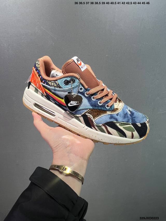 公司级Nike Air Max 1 耐克气垫 缓震 耐磨运动鞋 鞋身材质均选择皮革 织物 麂皮多种材质覆盖 保证质感的前提下 层次感也相当不错 带有开窗式 Ai