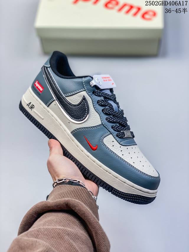 海外限量发售！公司级Nike Air Force 1 '07 Low “Supreme联名--蓝灰色”空军一号 低帮 运动鞋 休闲鞋 折边针车 工艺难度大 原楦