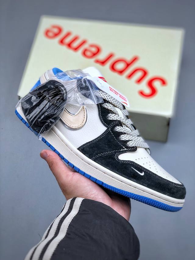 Air Jordan 1 Low Aj1 乔1 Supreme联名 复古黑蓝 高端定制 低帮复古篮球鞋 #定制鞋盒 大厂纯原品质出货 超高清洁度 皮料切割干净无